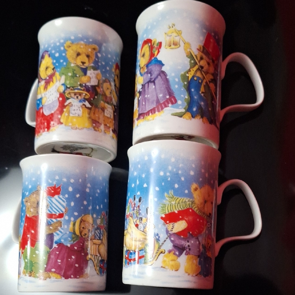 Roy Kirkham Teddy Bears Christmas Mugs | Set of 4 | Fine Bone China Vintage
